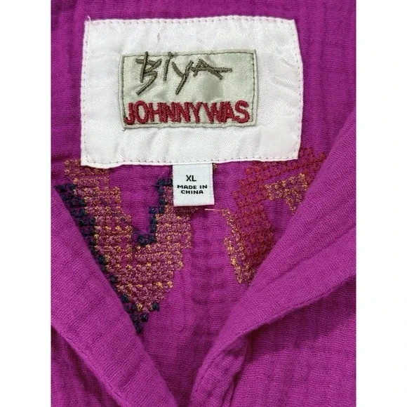 Johhny Was Biya Camp Shirt Womens XL Pink Desire Love Heart Floral Gauze Top - Picture 8 of 13